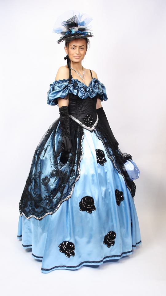Sissikleid – Ballkleid – Rokoko Outfit in Blau-Schwarz (Kleid, Reifrock und Hut)